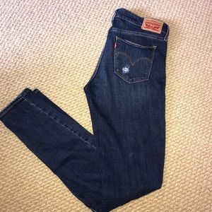 Levi’s Distressed, Dark Washed Skinny Jeans